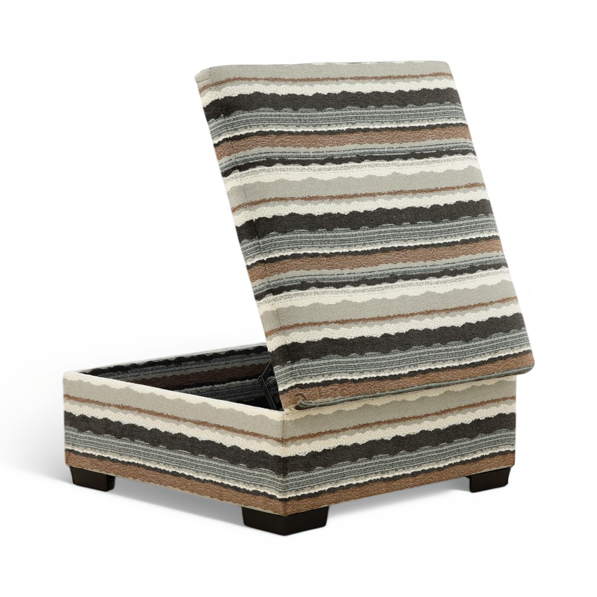 Storage ottoman with striped upholstery and hinged lid tilted open, dark interior.