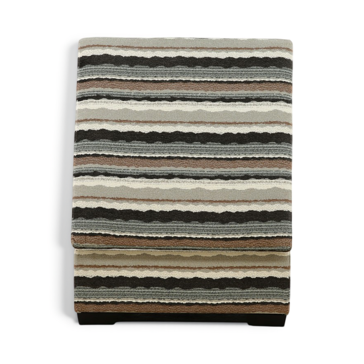 Striped fabric storage ottoman with dark base and quilted top