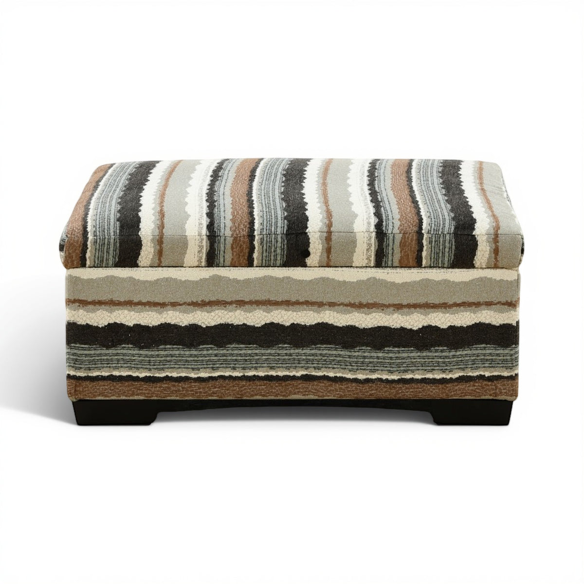 Striped storage ottoman with hinged lift-top and dark wooden legs, beige and charcoal fabric.