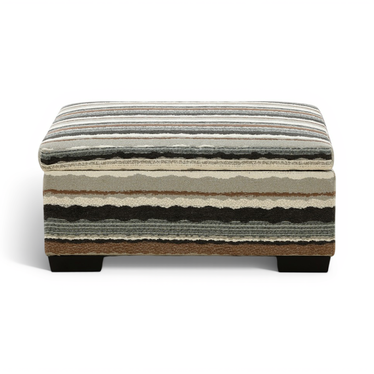 Striped storage ottoman with cushioned top, dark legs, and multicolor horizontal bands.
