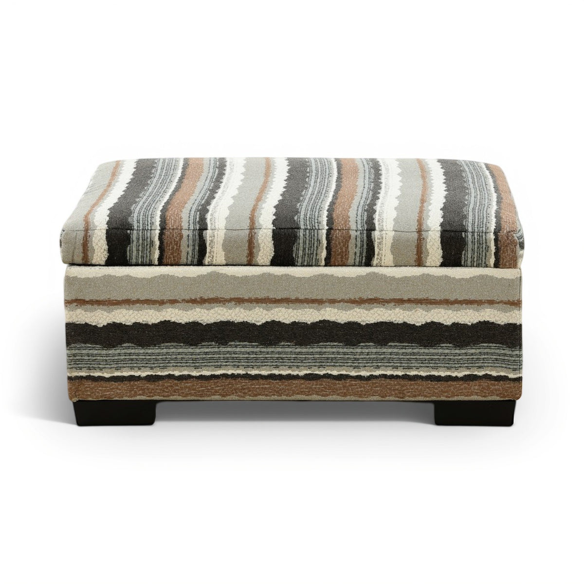 Striped storage ottoman with hinged lid closed and dark wooden legs, beige and black stripes.