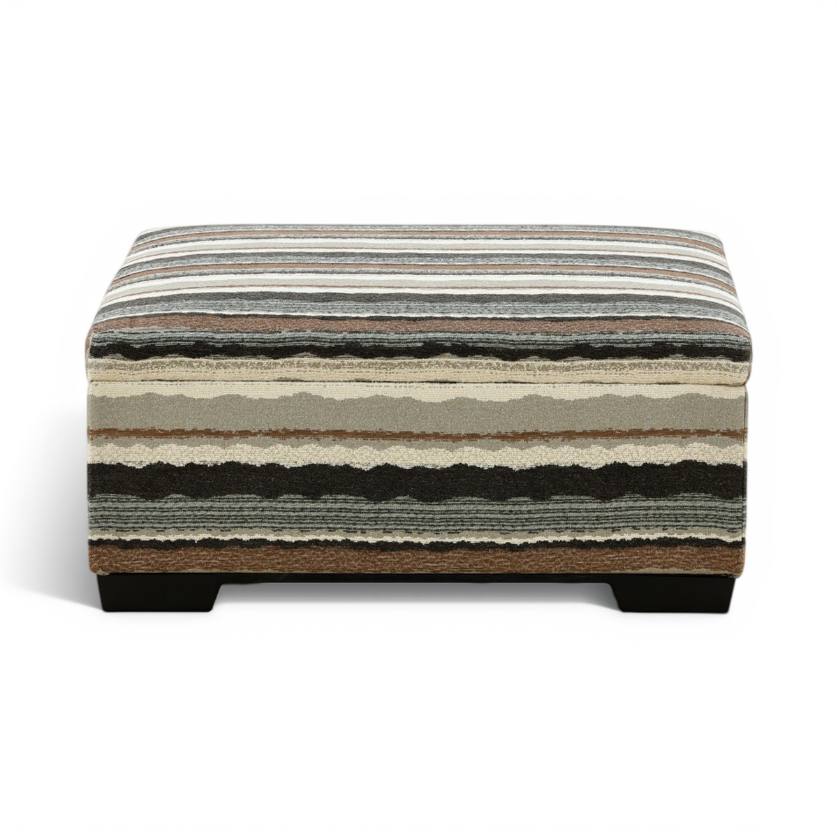 Striped storage ottoman with closed hinged lid and dark legs, horizontal band pattern.