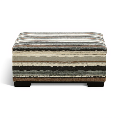 Striped storage ottoman with closed hinged lid and dark legs, horizontal band pattern.