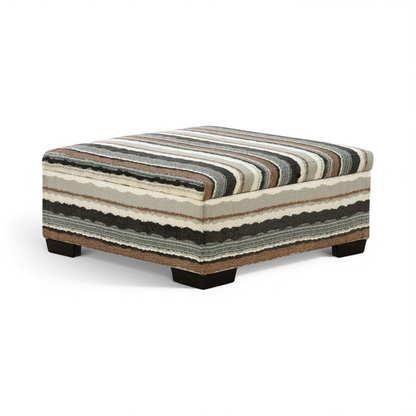Striped storage ottoman with upholstered top cushion and dark legs, beige and gray tones.