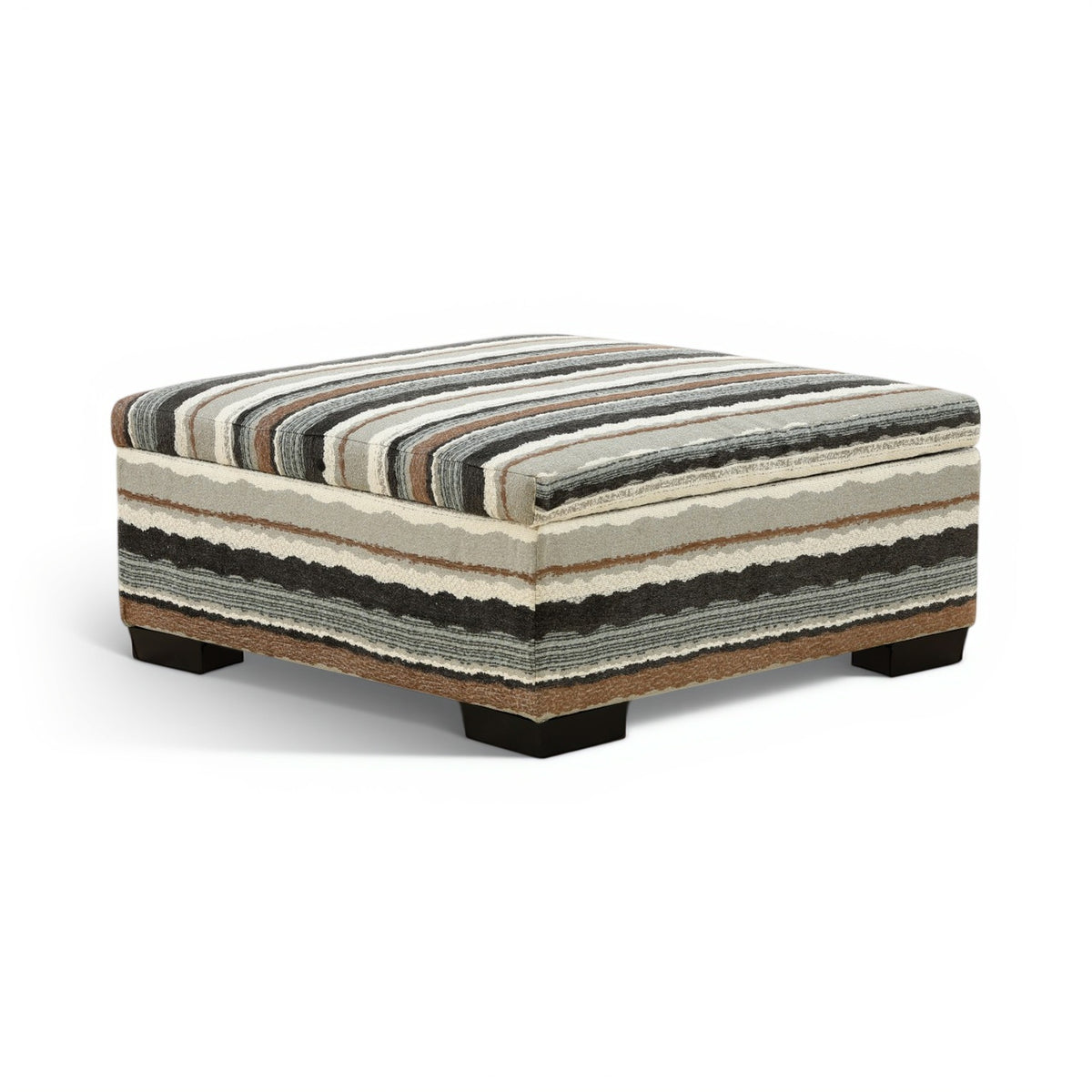 Striped storage ottoman with rectangular upholstered top and dark base legs.