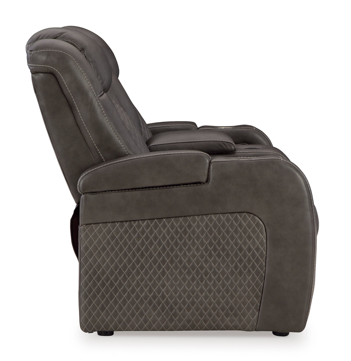 Dark gray reclining loveseat chair with padded back and armrests, diamond-pattern side