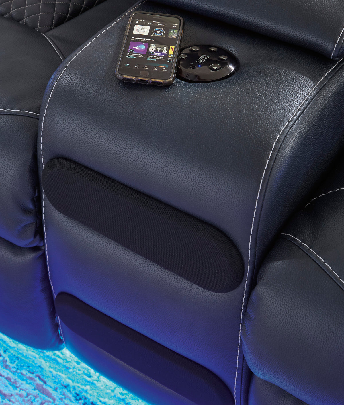Black armrest with controls recess, phone and remote
