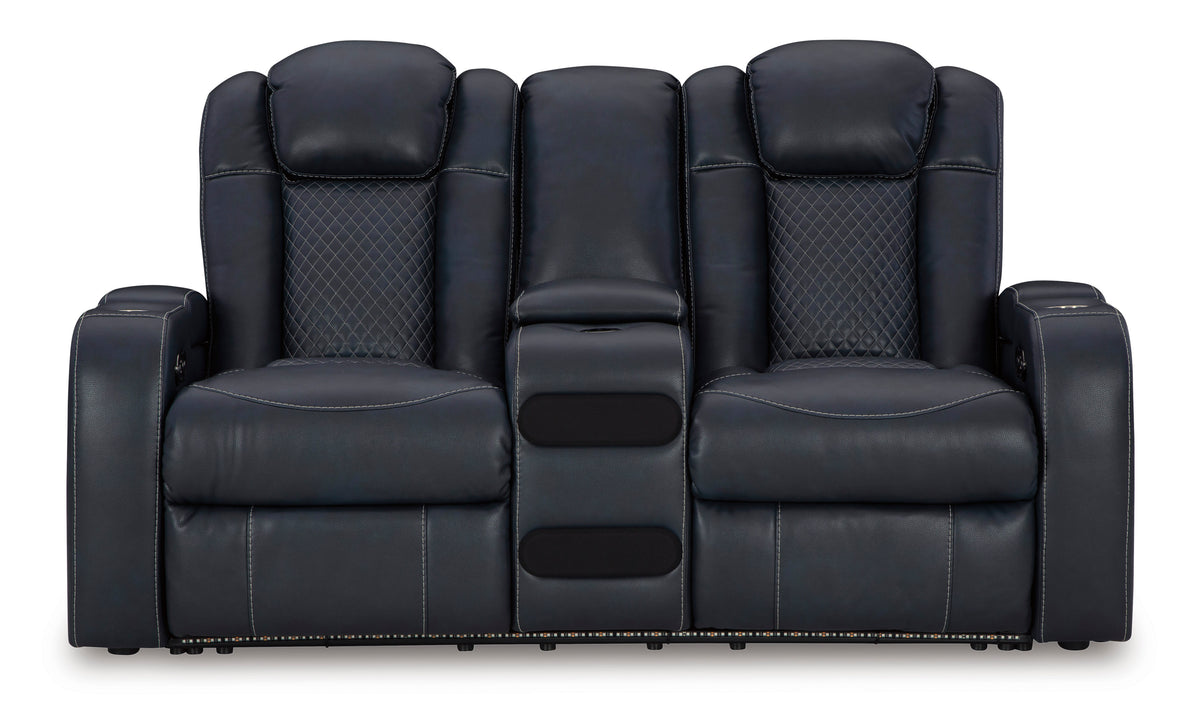 Dark power reclining loveseat with console and cushioned headrests, front view