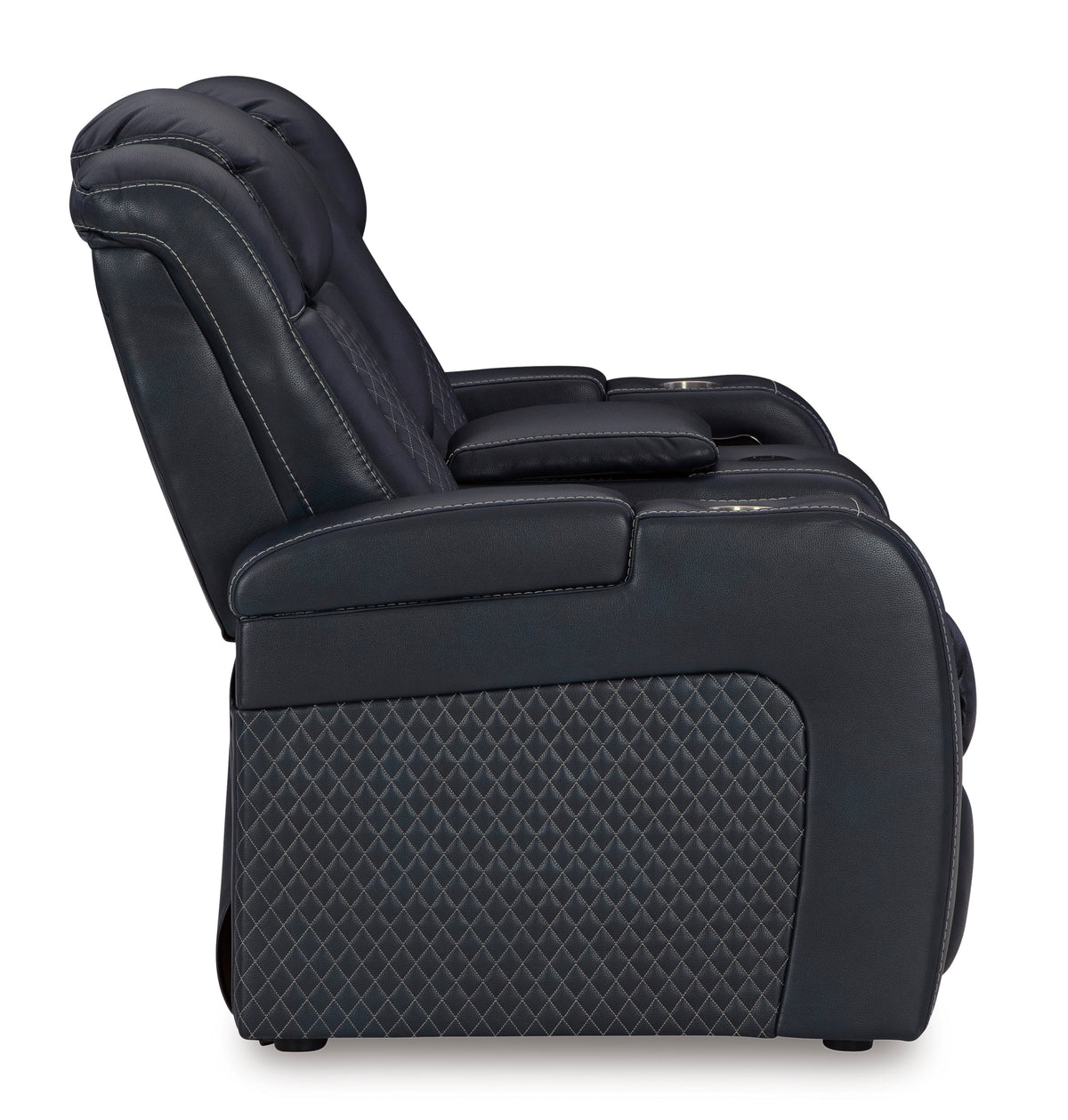 Black dual power reclining loveseat with console, side view