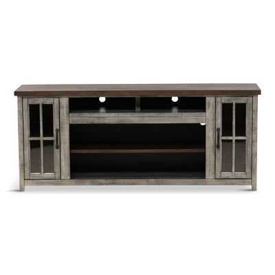 Dark wood console with two door panels and open center shelves, shaker-style frame