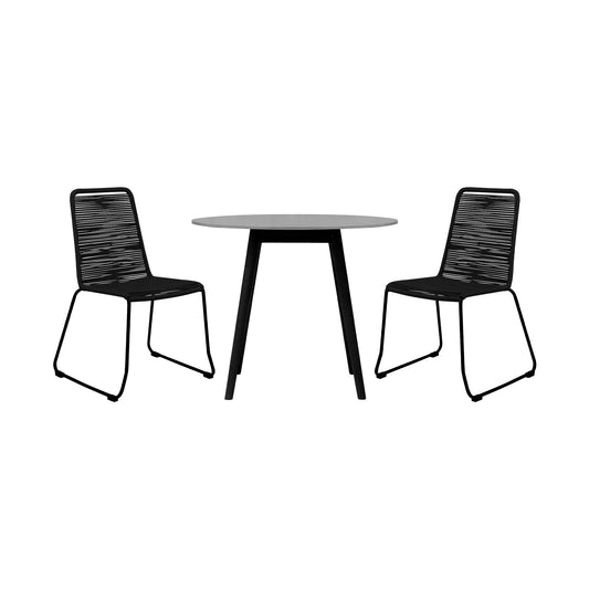 Sydney and Shasta 3 Piece Outdoor Patio 36" Dining Set in Black Eucalyptus Wood and Black Rope