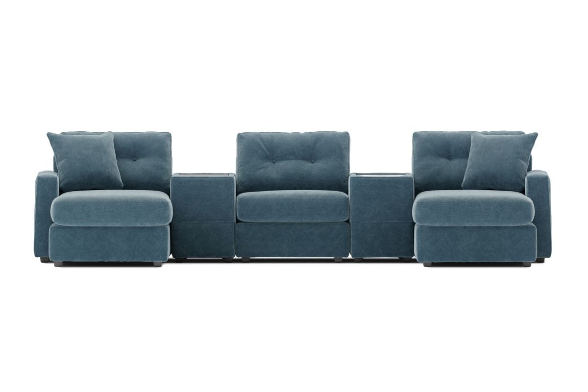 Teal modular theater sectional with dual chaise seats and button-tufted back pillows.