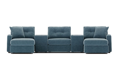 Teal modular theater sectional with dual chaise seats and button-tufted back pillows.