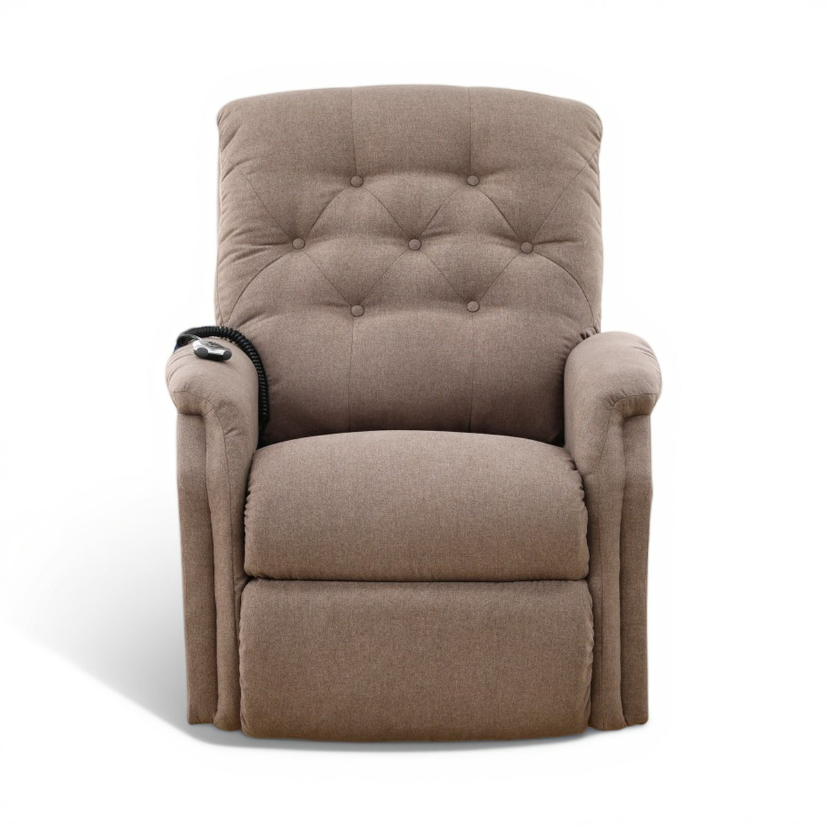 La-Z-Boy Billie power recliner in taupe fabric, front view with tufted back and wired remote.