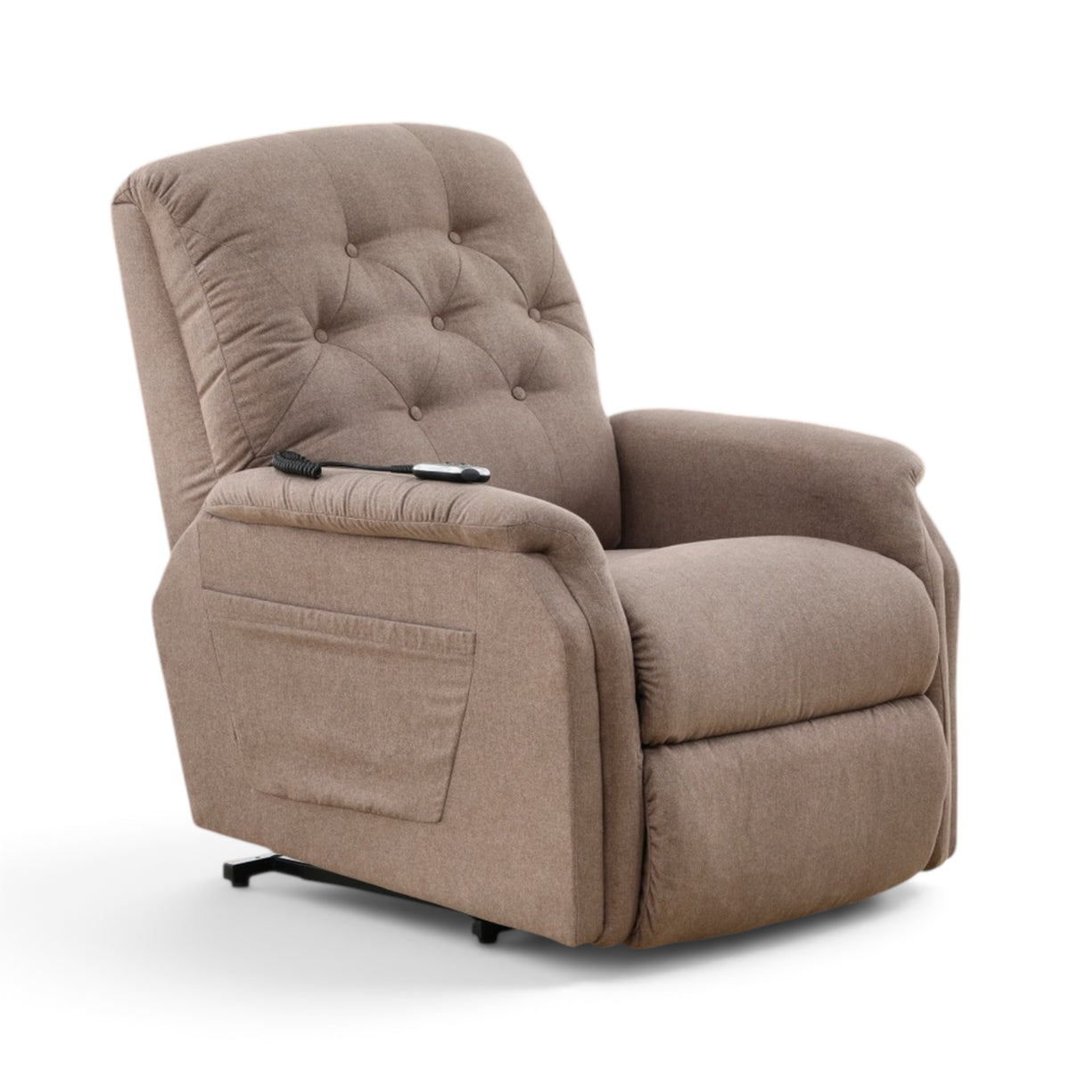 La-Z-Boy Billie power recliner in taupe fabric, angled view showing side pocket and remote.
