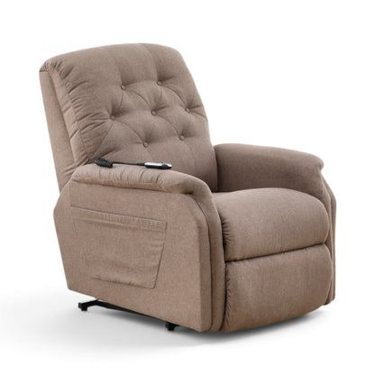 La-Z-Boy Billie power recliner in taupe fabric, angled view showing side pocket and remote.