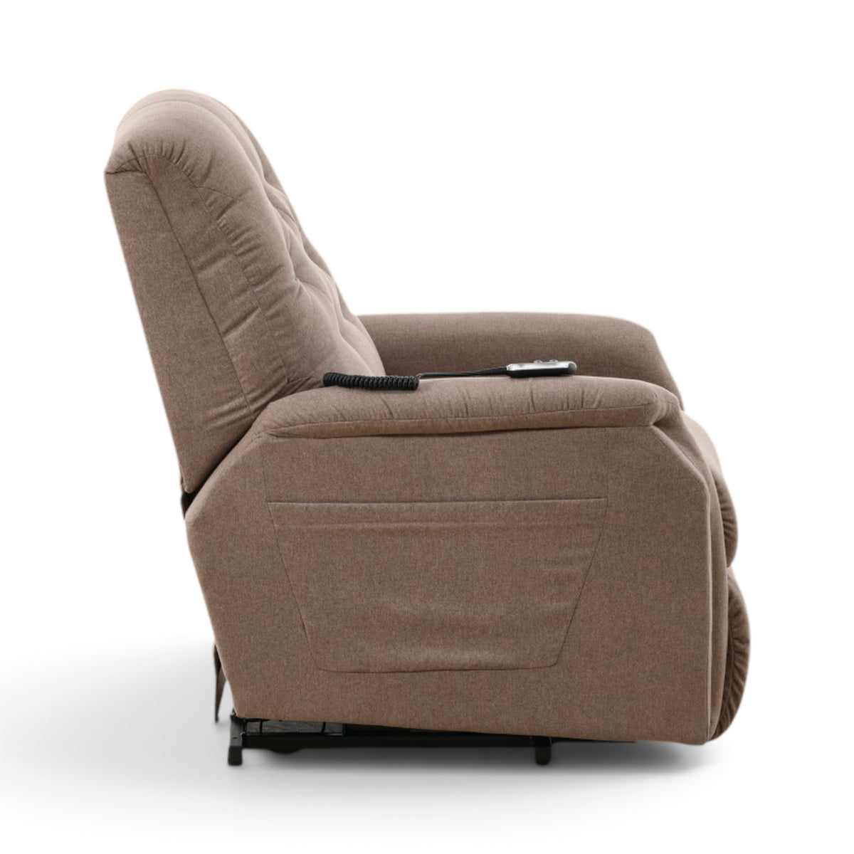 La-Z-Boy Billie power recliner, side view showing fabric pocket and wired remote.