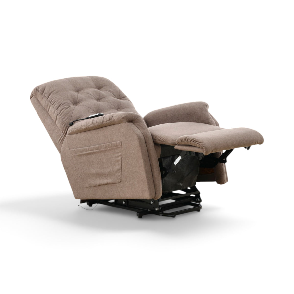 La-Z-Boy Billie power recliner tilted back with footrest extended and side pocket visible.