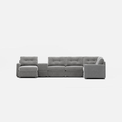 Light gray modular sectional sofa with chaise-style seats and padded armrests