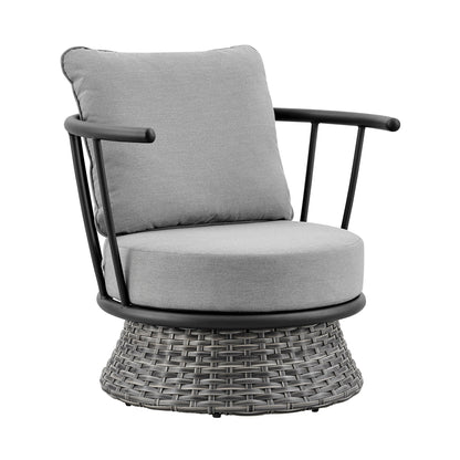 Monk 4 Piece Outdoor Patio Furniture Set in Black Aluminum and Gray Wicker with Gray Cushions