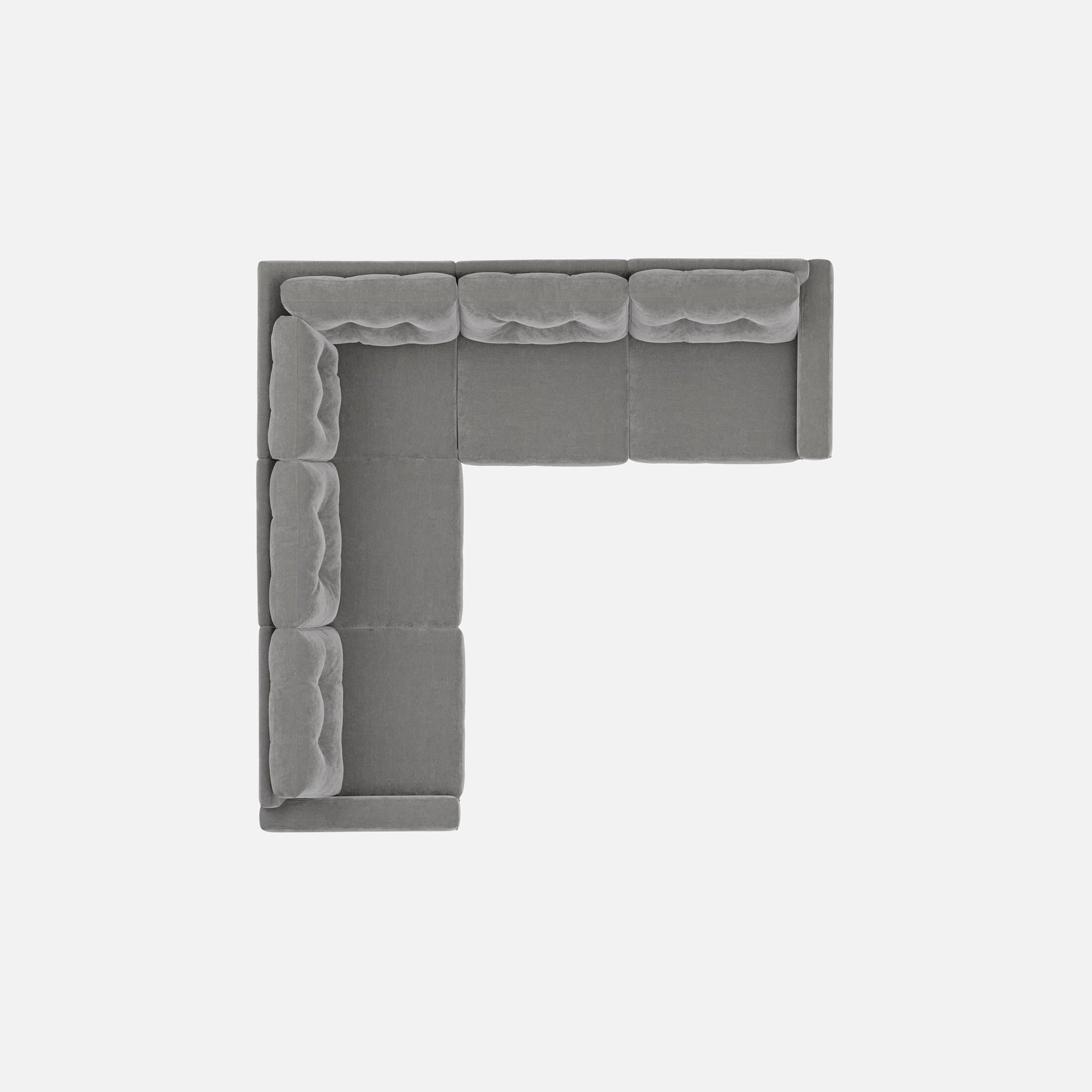 Gray corner modular sectional sofa with tufted backrest and low box arms