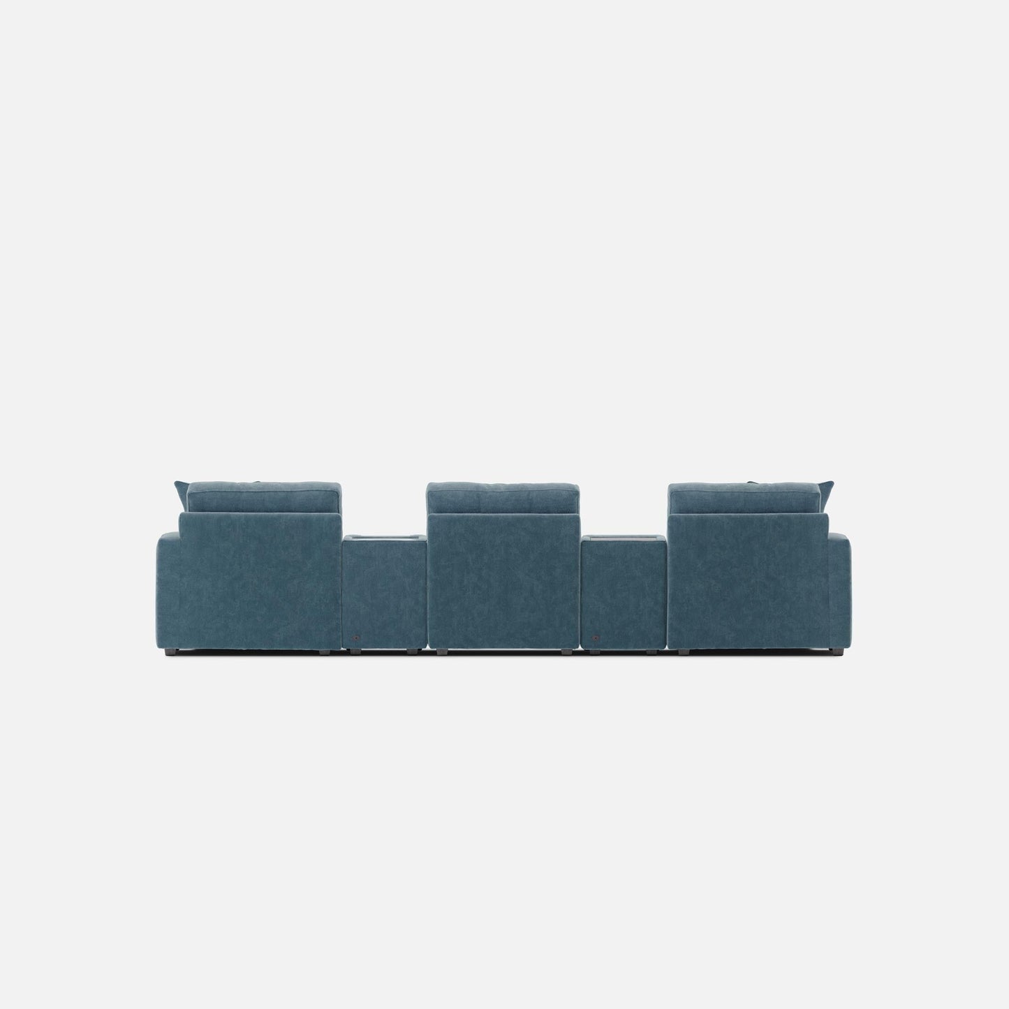 Teal theater sectional sofa with dual chaise and tall tufted back cushions.