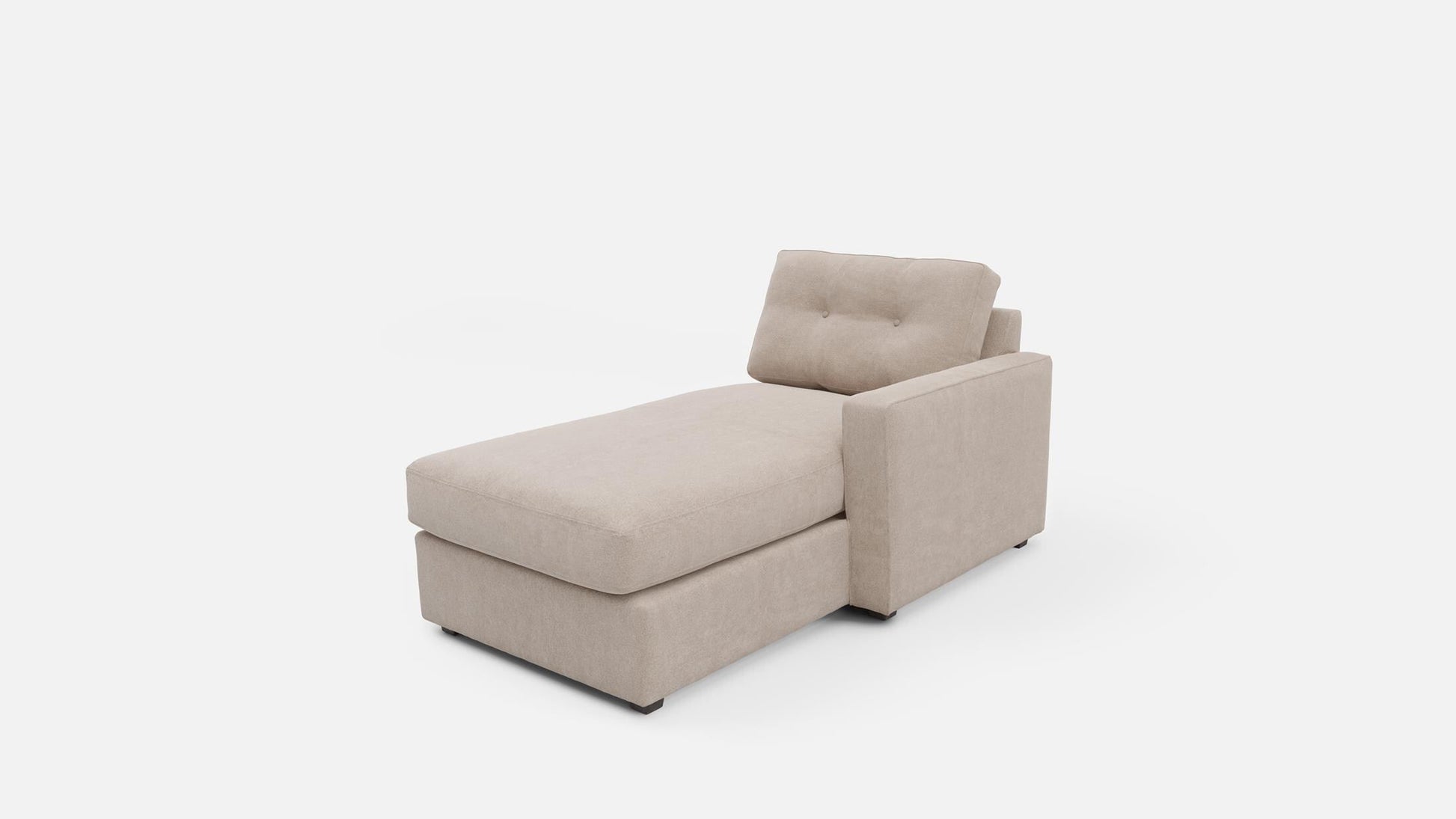 Beige modular chaise with extended seat and side back cushion, angled view