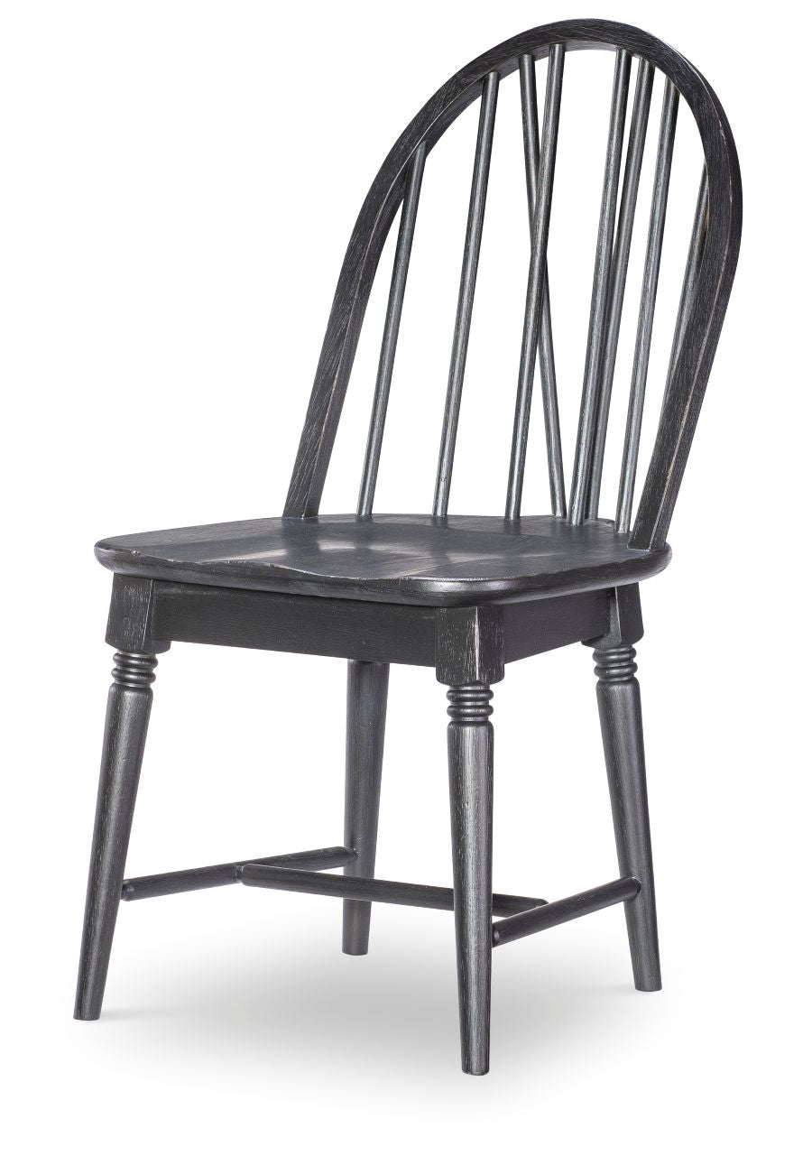 Black Windsor side chair with arched spindle back and round wooden seat