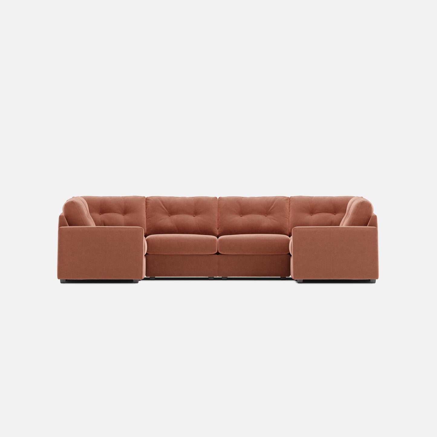 Terracotta fabric modular sectional sofa with padded back and corner ottomans