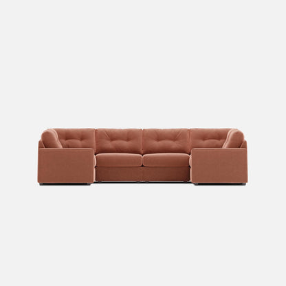 Terracotta fabric modular sectional sofa with padded back and corner ottomans