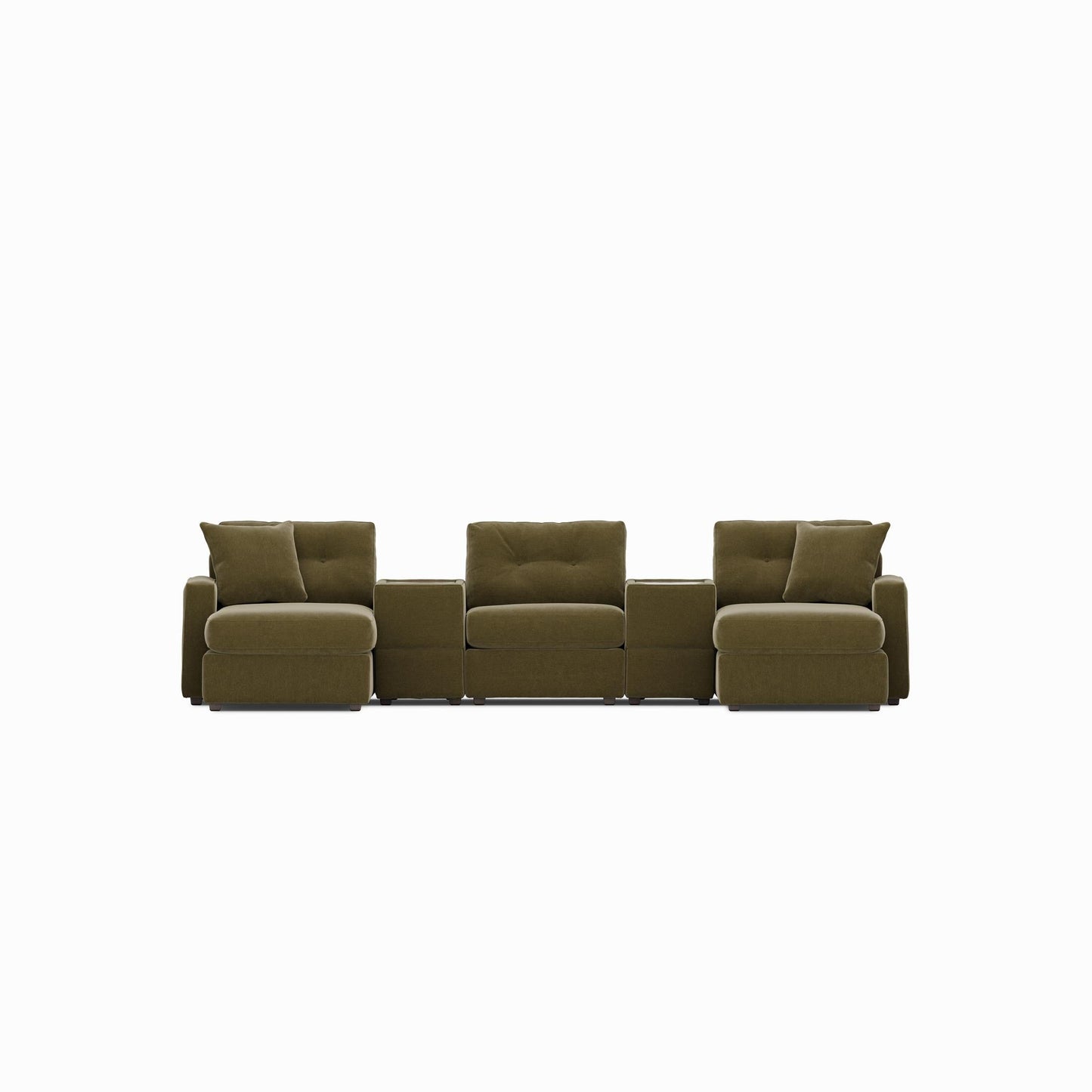 Modular sectional sofa with dual chaises, olive fabric, low square ottoman sides