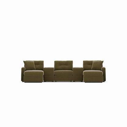 Modular sectional sofa with dual chaises, olive fabric, low square ottoman sides