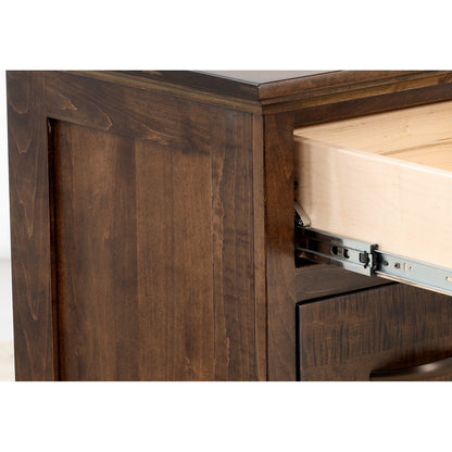 Wood dresser close-up of open slide hardware and metal brackets