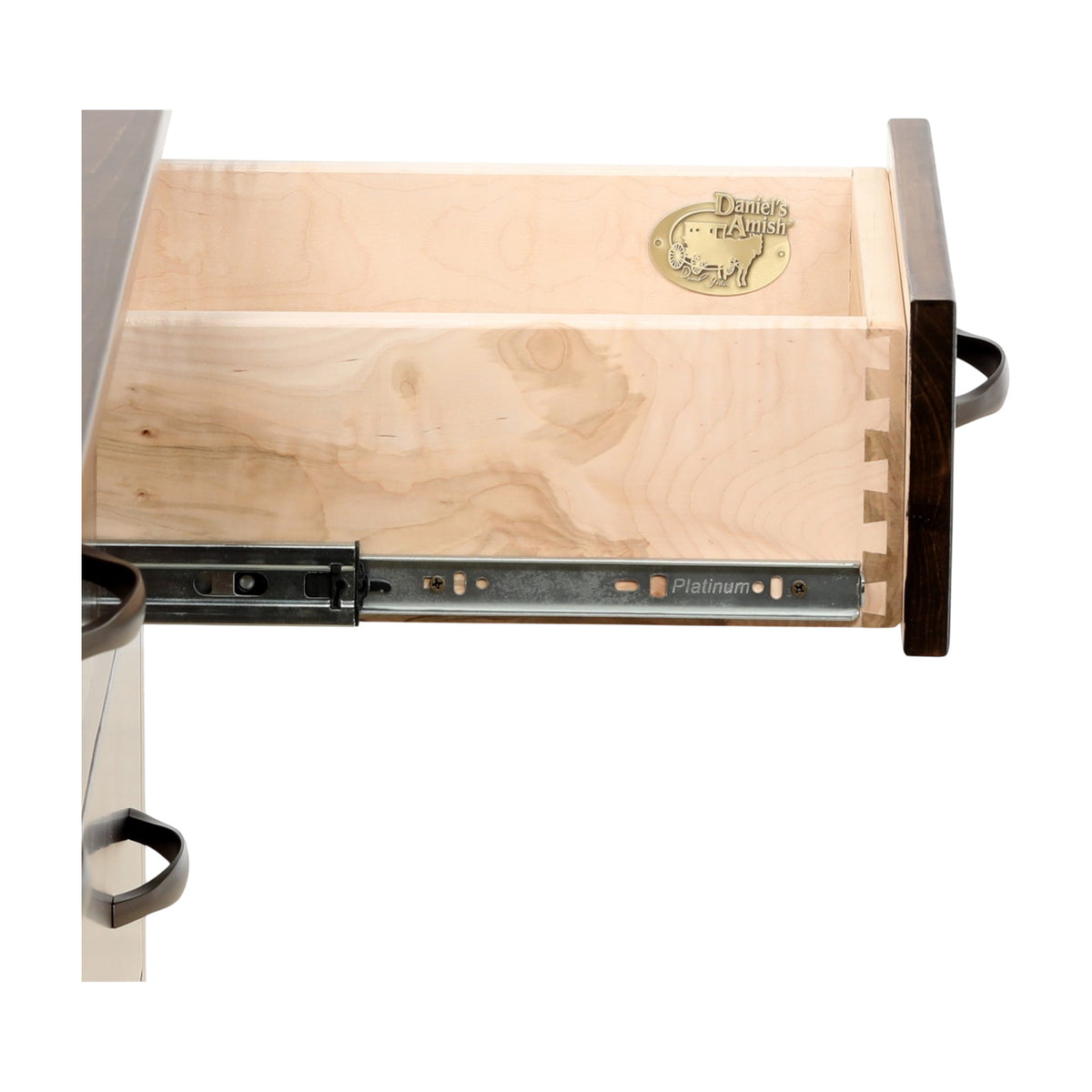 Dresser drawer front with metal slides and light wood panel