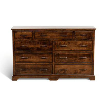 Brown wood dresser with 8 drawers and metal bar pulls