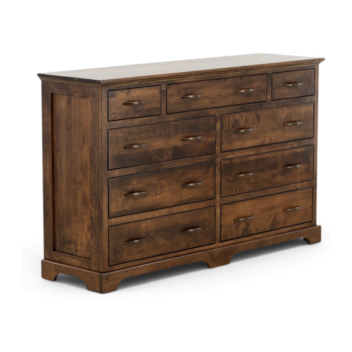 Brown wood dresser with 8 drawers, metal bar handles, and wide top