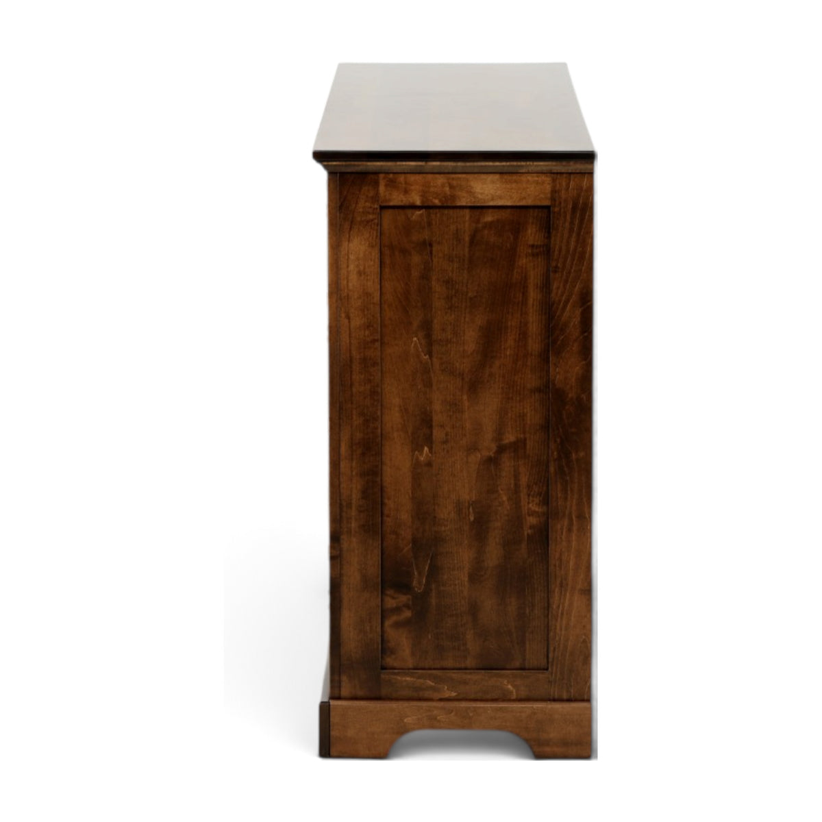 Brown wood dresser cabinet side with flat top and arched base feet