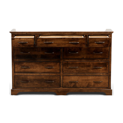 Brown wood dresser with 8 drawers and centered rows of metal bar pulls