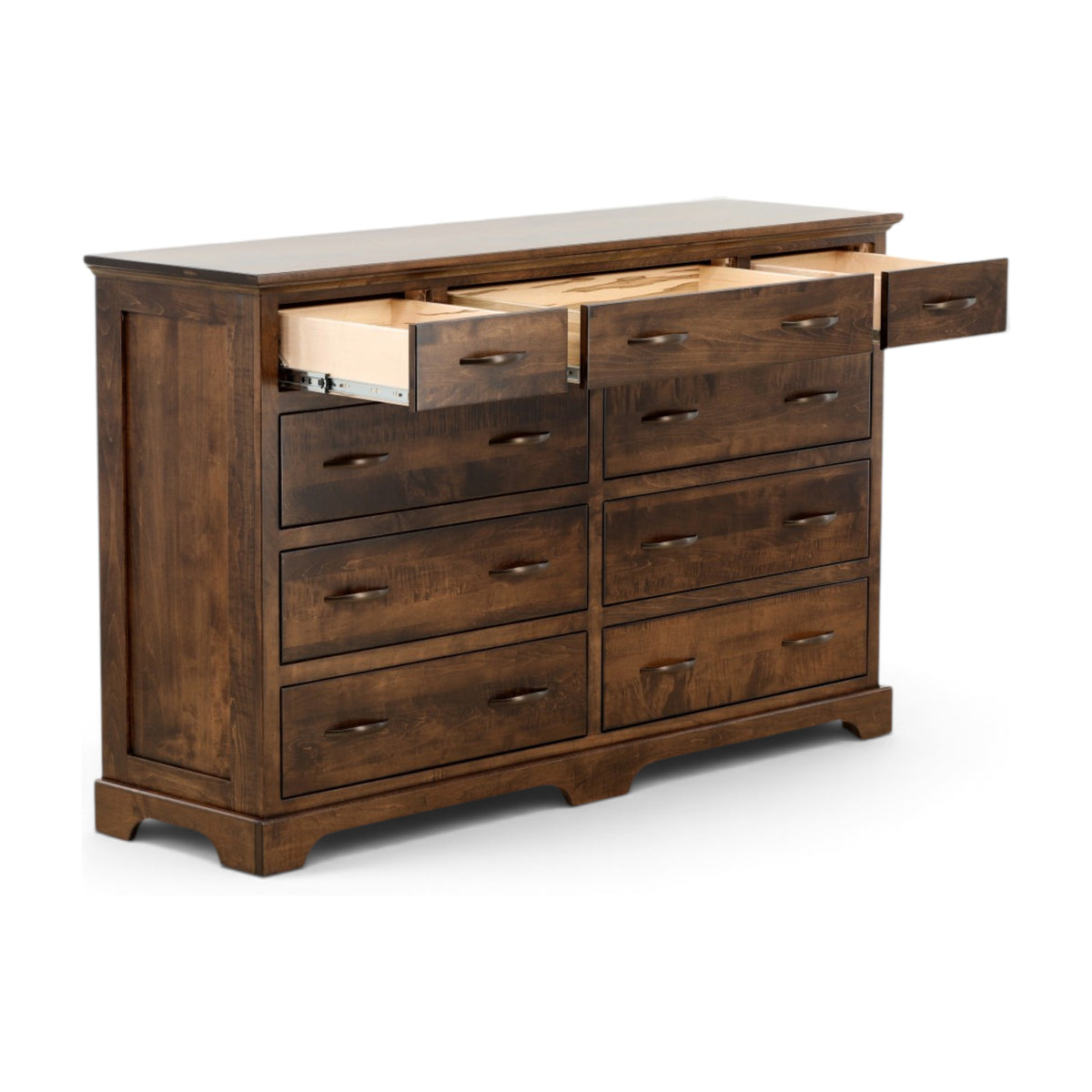 Brown wood dresser with partially open top storage and drawer fronts