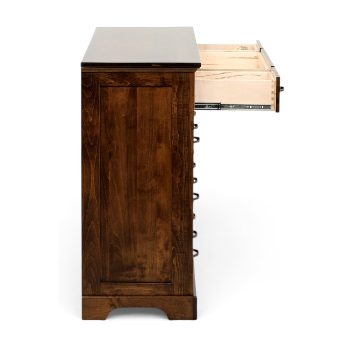 Brown wood dresser side with open top drawer slide and metal rails
