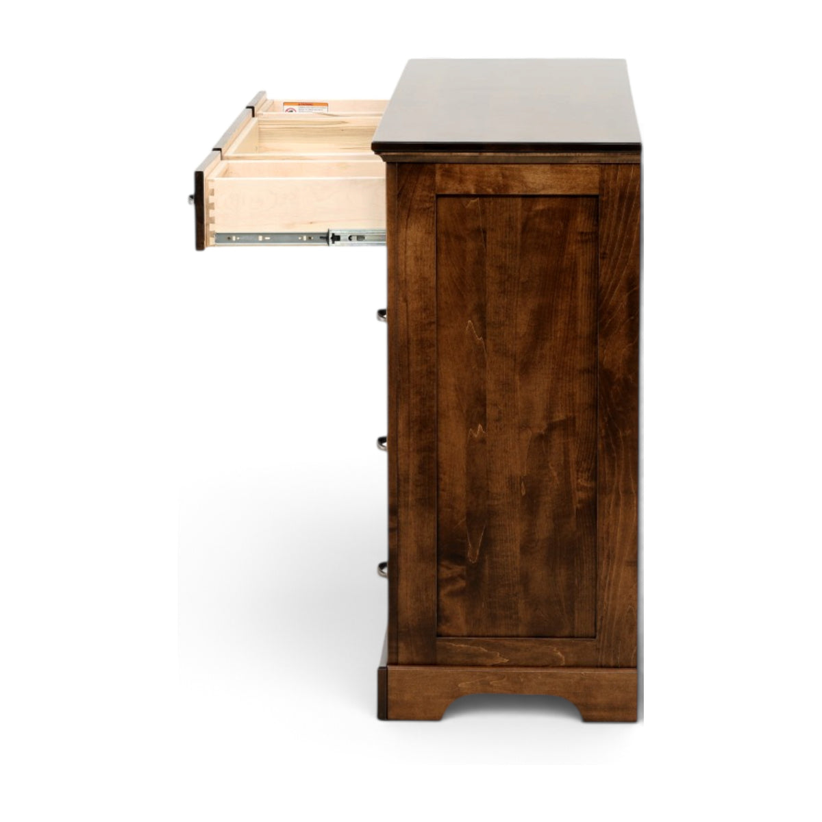 Brown wood dresser side with open top drawer slide and hardware