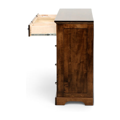 Brown wood dresser side with open top drawer slide and hardware