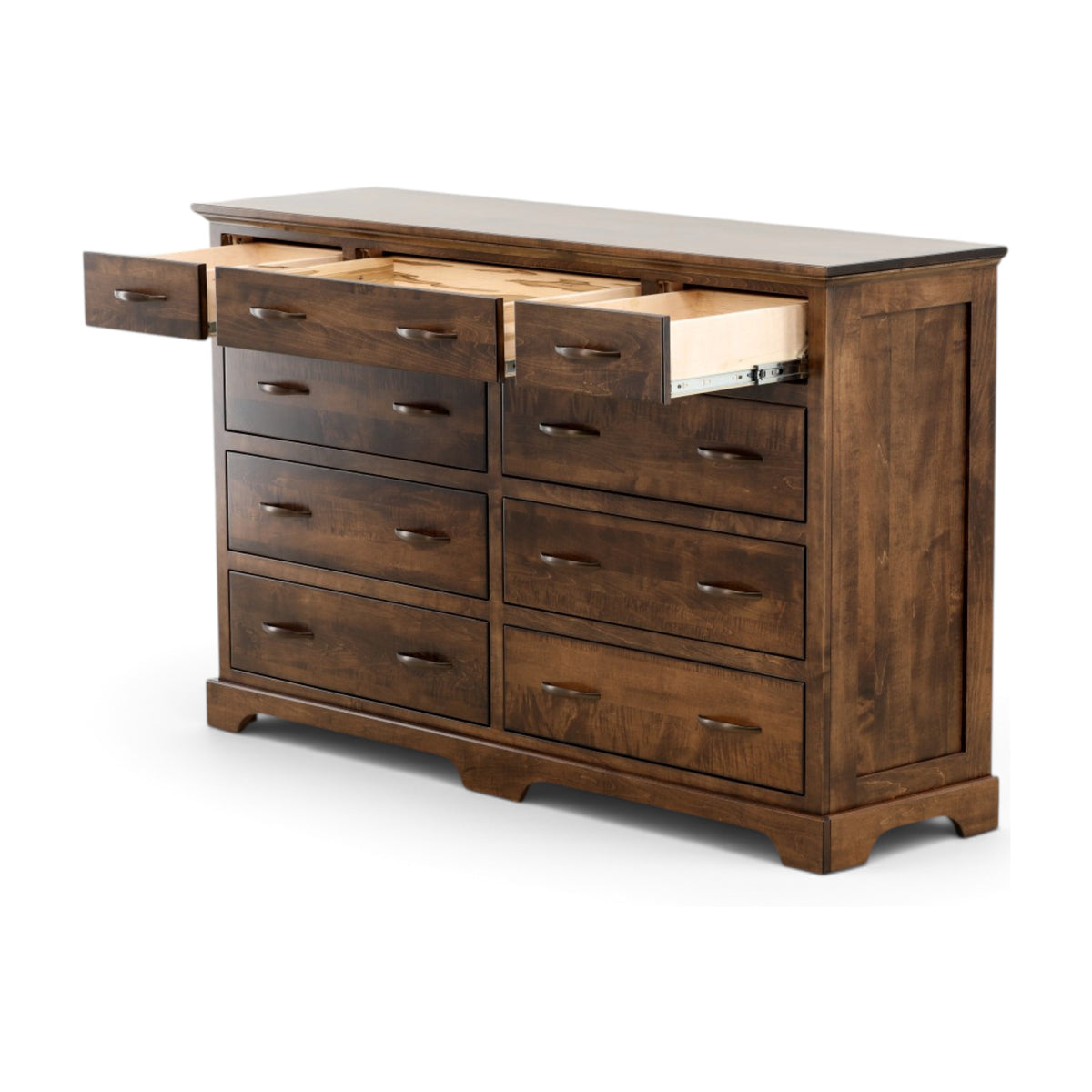 Brown wood dresser with open top drawer compartment and 8 drawer fronts