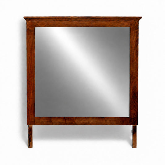 Wood-framed bedroom mirror with rectangular glass panel and tapered legs