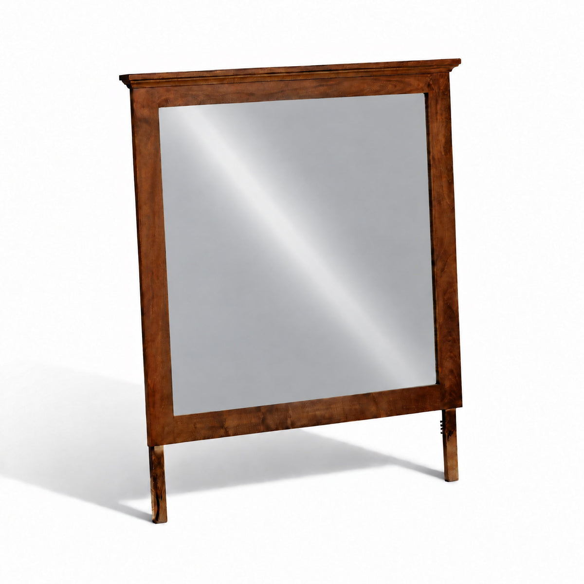 Rectangular wood-framed standing mirror with clear glass and angled legs