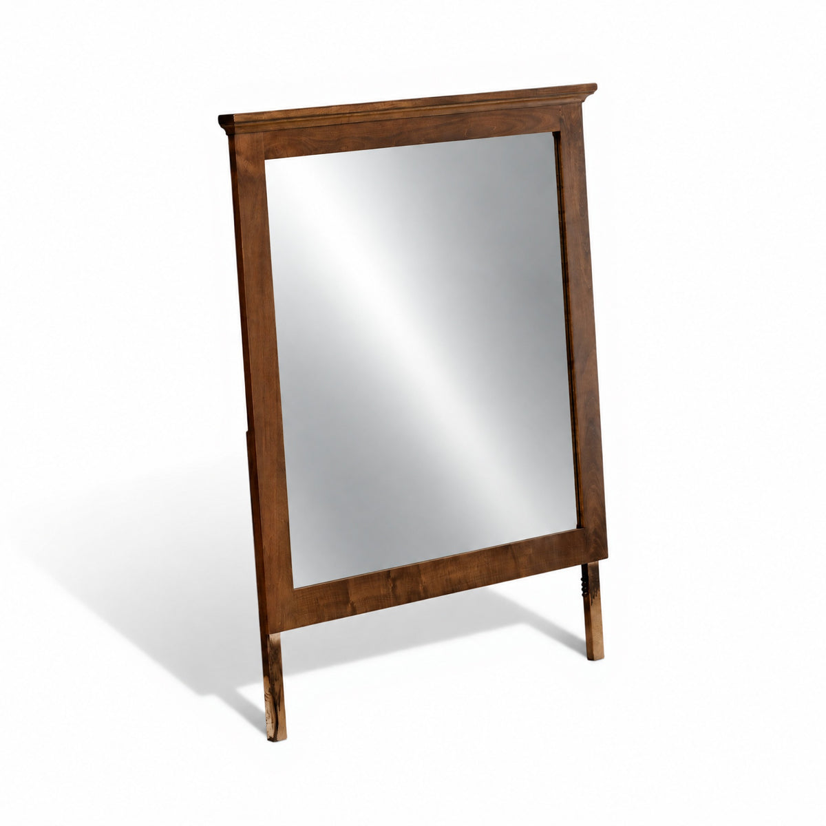 Tall rectangular wood-framed mirror with clear glass and four support legs
