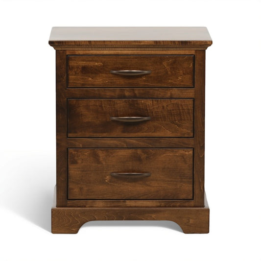 Wooden nightstand with three drawers and silver bar pulls, dark brown finish