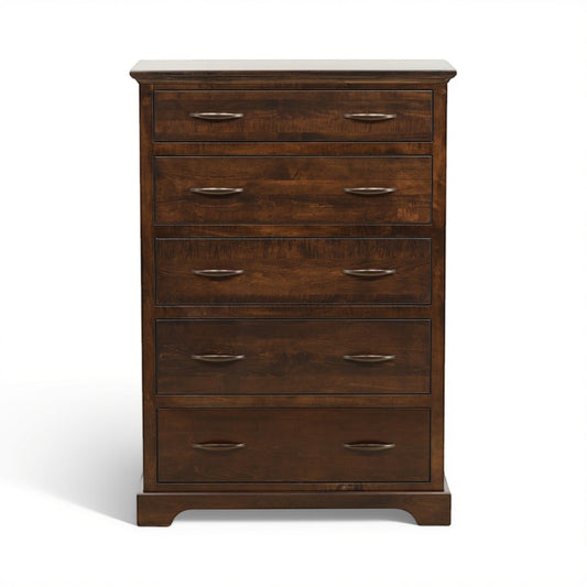 Hearthstone chest of drawers in dark brown wood with four drawer fronts and silver pulls