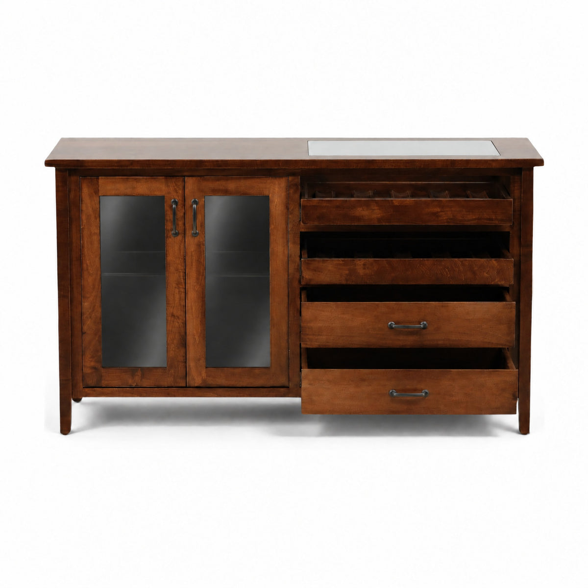 Wood console server with two frosted glass doors and three drawers, light top panel.
