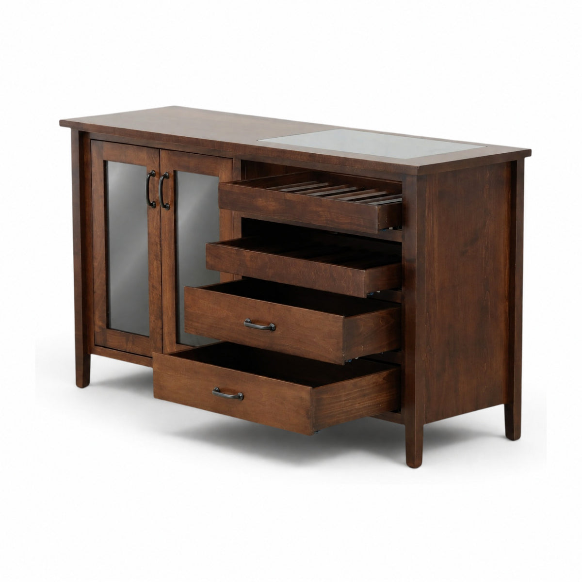 Brown wooden sideboard cabinet with two doors, open drawer storage, and pull handles